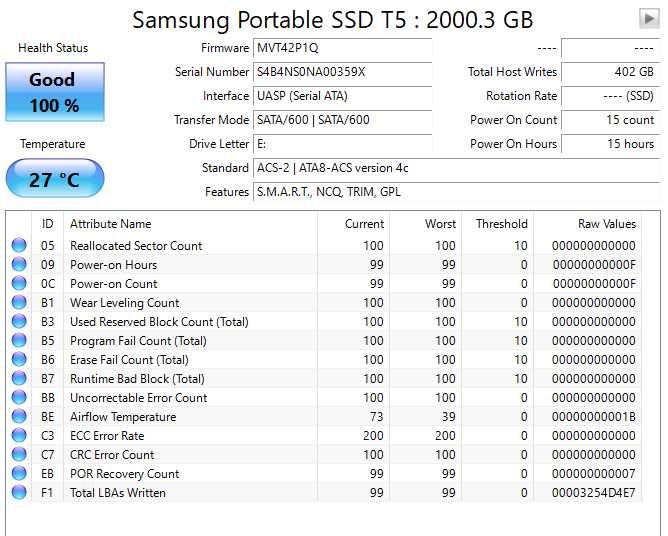 2TB Samsung Portable SSD T5 mSATA SSD 2.5 2TB USB 3.1 (MU-PA2T0B)