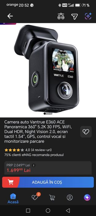 Camera auto Vantrue E360 filmare 360 grade kit supraveghere continuă inclus