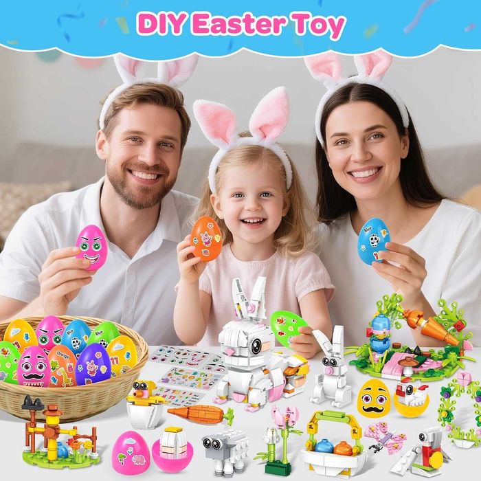 MOONTOY 12 великденски яйца,12 играчки-строителни блокчета и 4 стикера
