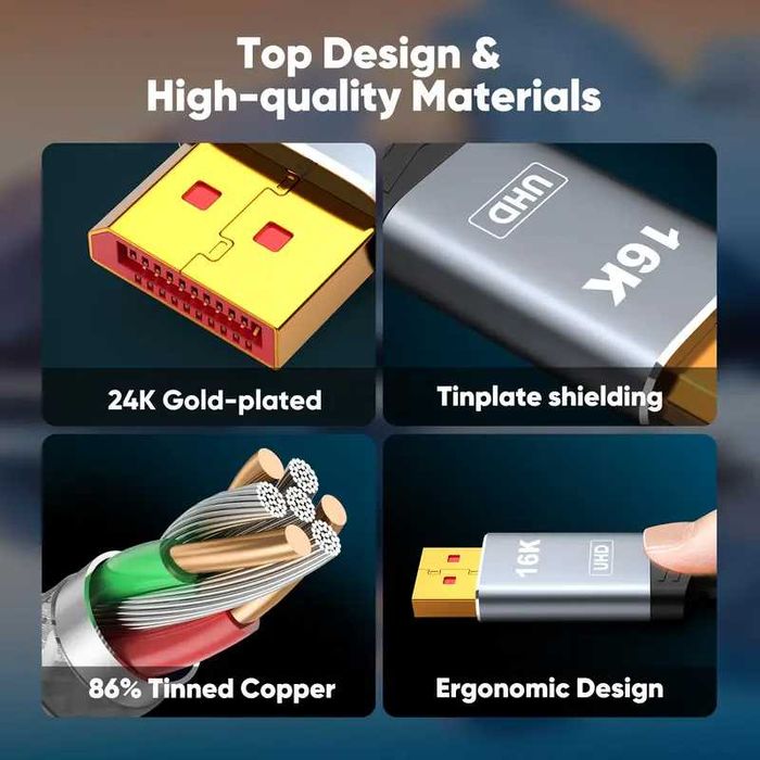 DP 2.1b Кабел 16K Ултра/Трансфер-80Gbps RTX5090 ALCLAP DP*2.1 4К/240Hz