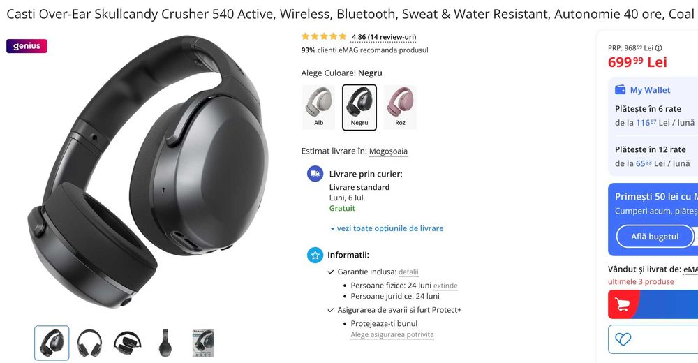 Casti Over-Ear Skullcandy Crusher 540 Active, Wireless, Bluetooth, Sweat & Water Resistant, Autonomie 40 ore