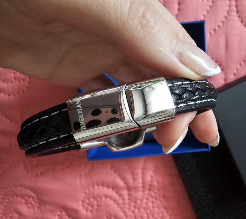 Мъжка гривна от естествена кожа, сребро и стомана