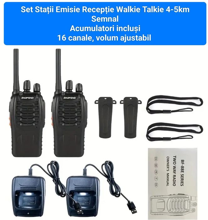 Stații 2buc Walkie Talkie Semnal 5km / 16 canale Semnal impecabil