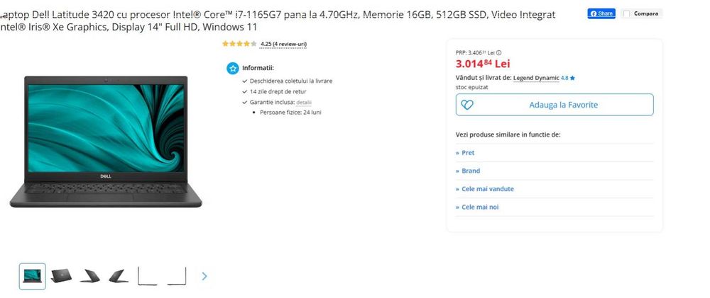 Laptop Dell i7 Gen 11, 16GB RAM, 512GB SSD, Latitude 3420 + Husă Cadou