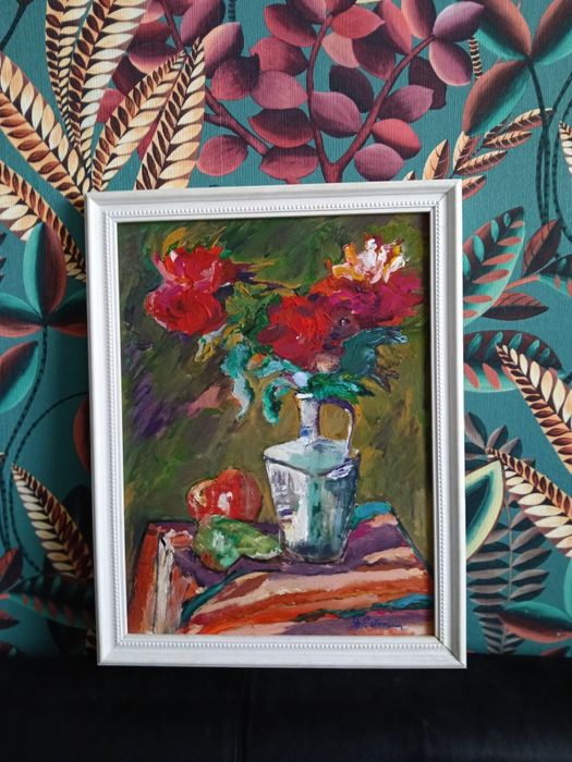 Tablou vechi românesc, G. Petrascu_Natura statica cu crizanteme si fru