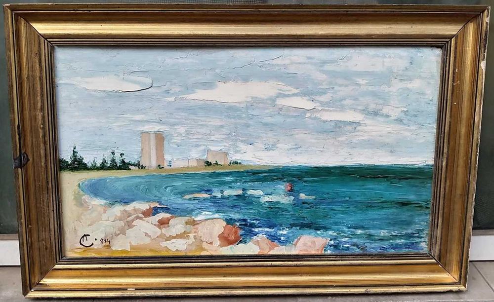 Tablou vechi - peisaj marin semnat AC 1974 ( Ciucurencu)