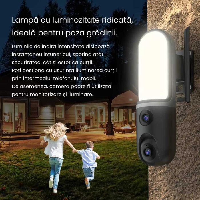 Camera Supraveghere WiFi cu Lampa de iluminat LED Rezolutie 6MP, Dual Lens, Night Vision Color, Detectie Miscare , Exterior, Control din Telefon
