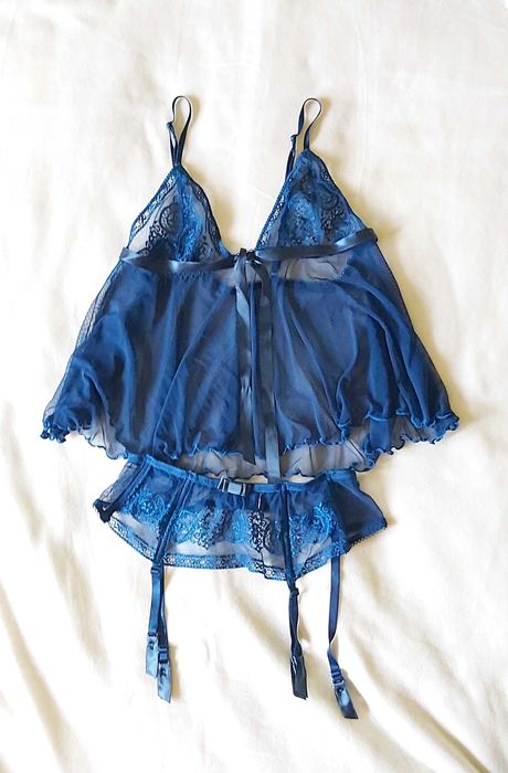 Set babydoll cu portjartier albastru