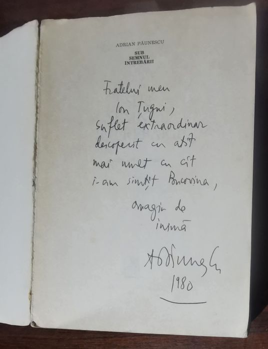 Adrian Paunescu dedicatie autograf catre  Ion Tugui