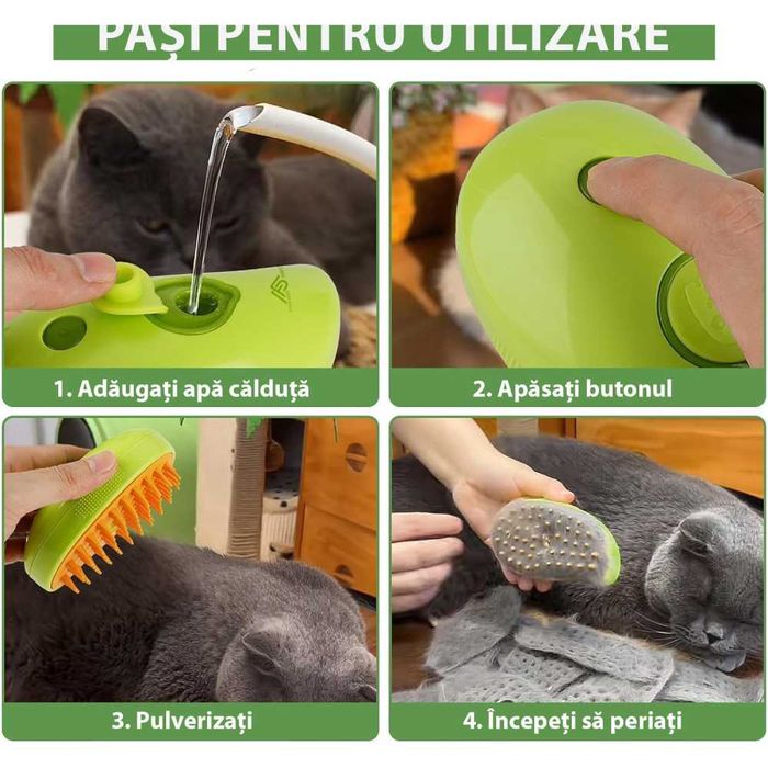 Perie 3 in 1 multifunctionala pentru animale de companie, cu aburi