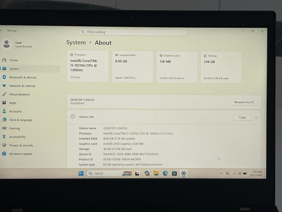 Laptop Lenovo ThinkPad L14 Gen 1 i5-10210U 8GB SSD 256GB Tastatura iluminata