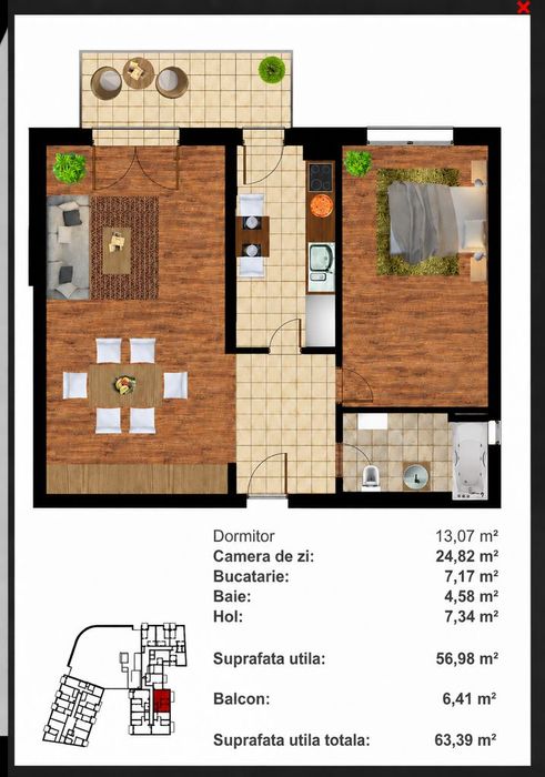 Apartament 2 camere, 57 mp , balcon 7 mp, boxă, Platinia str Constanta