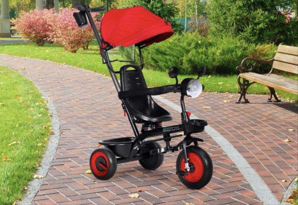 Детска триколка, количка, 3 в 1, въртяща се седалка, червен сенник