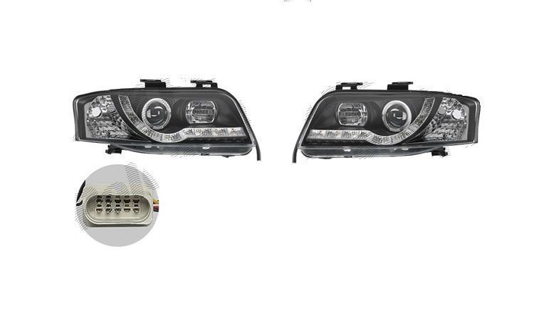 Set faruri Audi A6, 06.2005, partea Stanga+Dreapta, Tuning, Fata, cu lumina de parcare LED; tip bec H1+H1; manual; negru, transparent; tuning, Taiwan