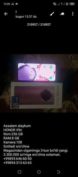 HONOR X9c sotiladi sroʻchna yangi 3-kun boʻldi magazindan olganimga