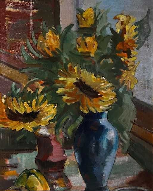 "FLOAREA SOARELUI"-Tablou f,foarte VECHI, ulei/lemn, semnat, 85x65cm