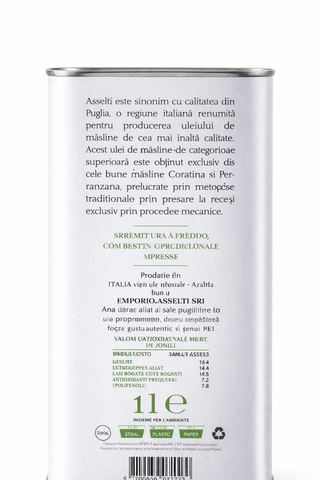 Ulei de masline extravirgin categorie superioara1l, din prima presare la rece a maslinelor, Fara pesticide, Gust fructat intens