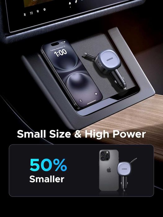 UGREEN 75W зарядно за автомобил, с интегриран прибиращ се кабел