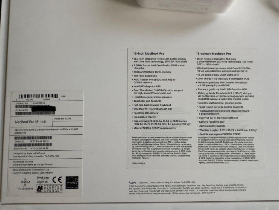 MacBook Pro 16” 2019 – i9 / 16GB RAM / 1TB SSD / Radeon Pro 5500M 4GB