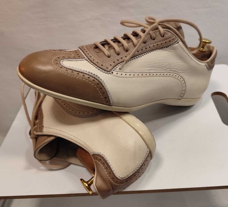 Pantofi casual de lux 43 43.5 SANTONI piele naturala moale alb bej camel