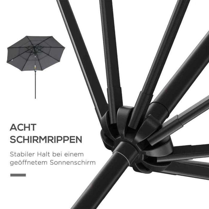 Outsunny 2,6 м чадър с 3 нива на покрива с манивела, с 8 ребра