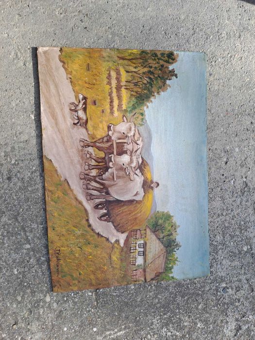 tablou vechi romanesc pictura pe carton 70/49 cm semnat