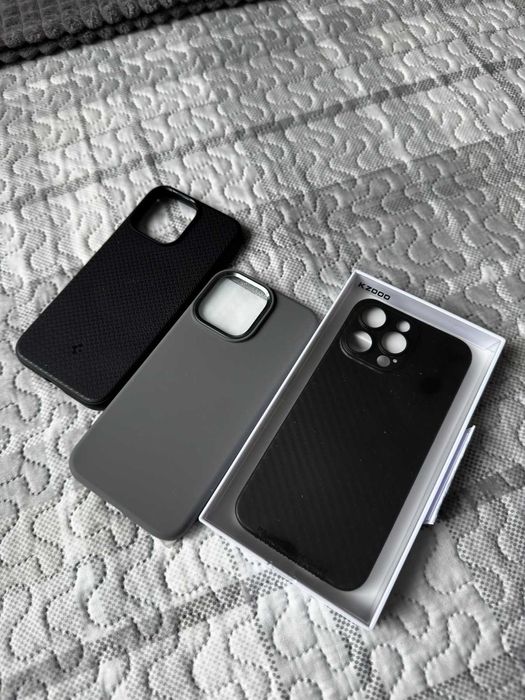 3 броя оригинални кейса за iPhone 15 Pro Max (Spigen, KZDOO, Tech-Protect)