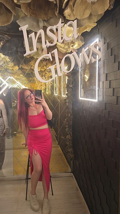 Set damă crop top + fustă midi cu crăpătură, roz fuchsia