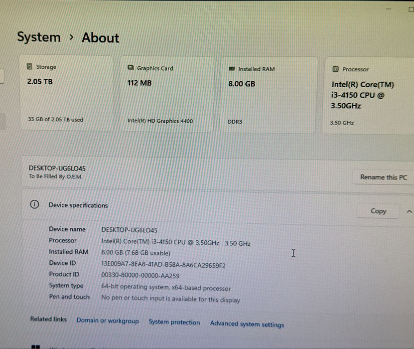 Компютър i3 8GB RAM 256GB SSD 2TB HDD Win 11 Pro