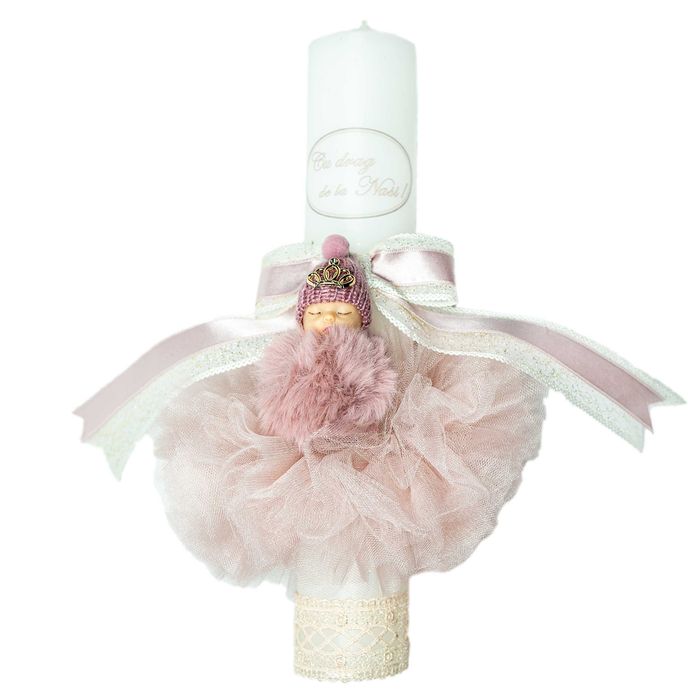 Lumanare pentru botez pentru fete F01 | Lumanare botez alb si roz
