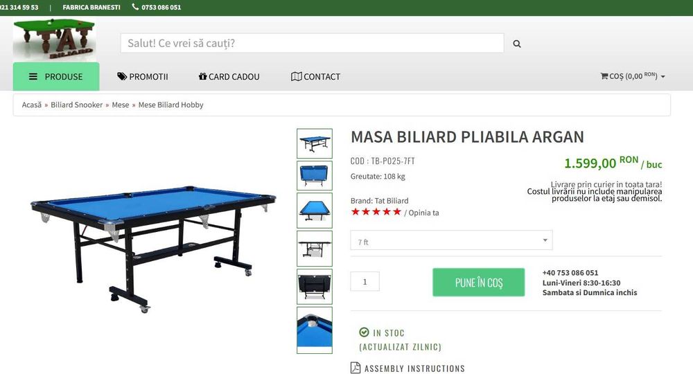 Vand masa pliabila biliard ARGAN, 7 ft., pret excelent, ca noua!