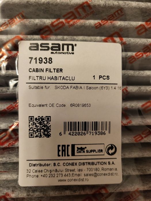Set doua filtre carbon  aer habitaclu(polen) ASAM 71938, skoda