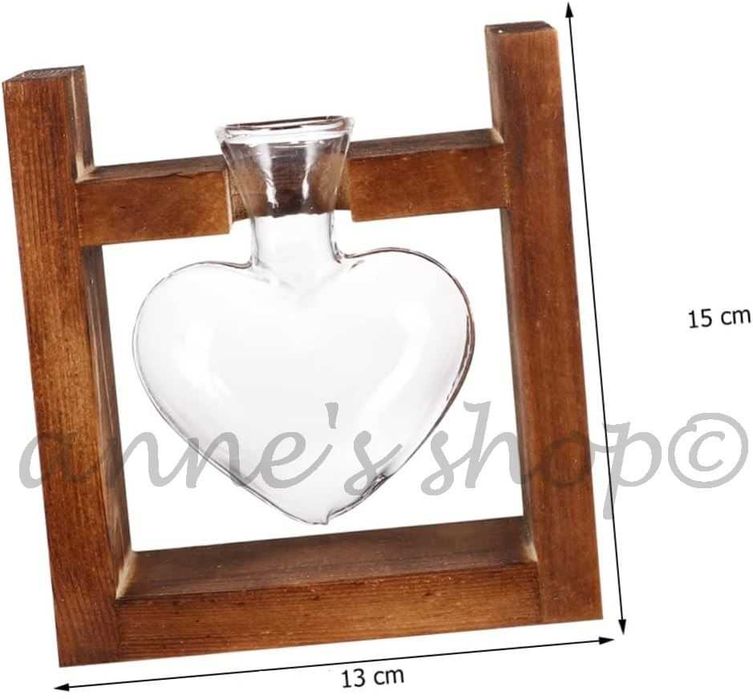 Vaza inima din sticla cu suport de lemn pentru flori Art Deco