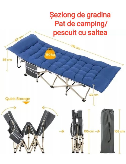 Șezlong pliabil camping, Pat camping cu saltea +geanta transport
