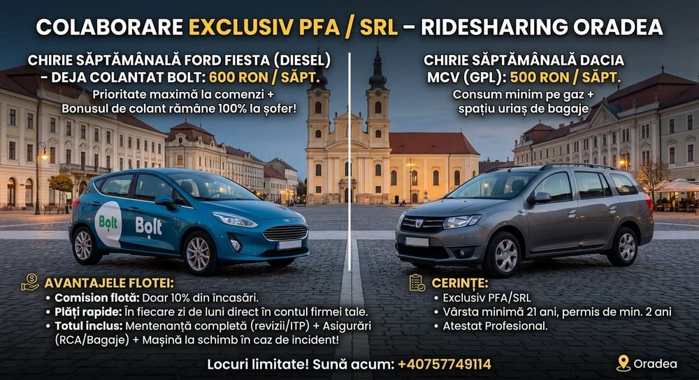 Chirie auto Bolt/Uber colaborare cu PFA sau SRL
