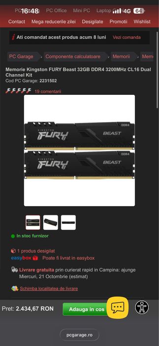 Memorie RAM Kingston FURY Beast 32GB DDR4 3200MHz CL16 Dual Channel