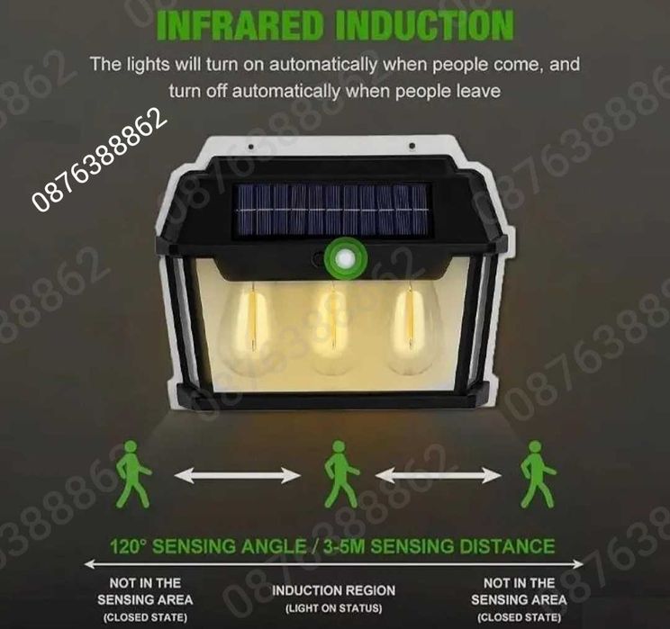 ПРОМО!Соларна лампа за фасада, топла светлина, сензор за движение 38W