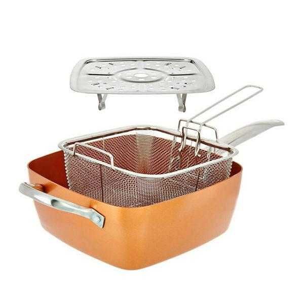 Нов дълбок меден тиган Copper Pan Комплект 6 в 1, Незалепващо Cerami-Tech покритие, Индукционно дъно, Стъклен капак, Кошница, Тава за готвене на пара