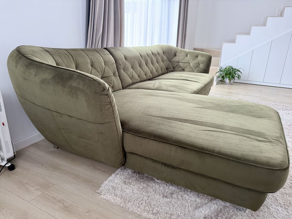 Canapea catifea verde, extensibila + lada depozitare