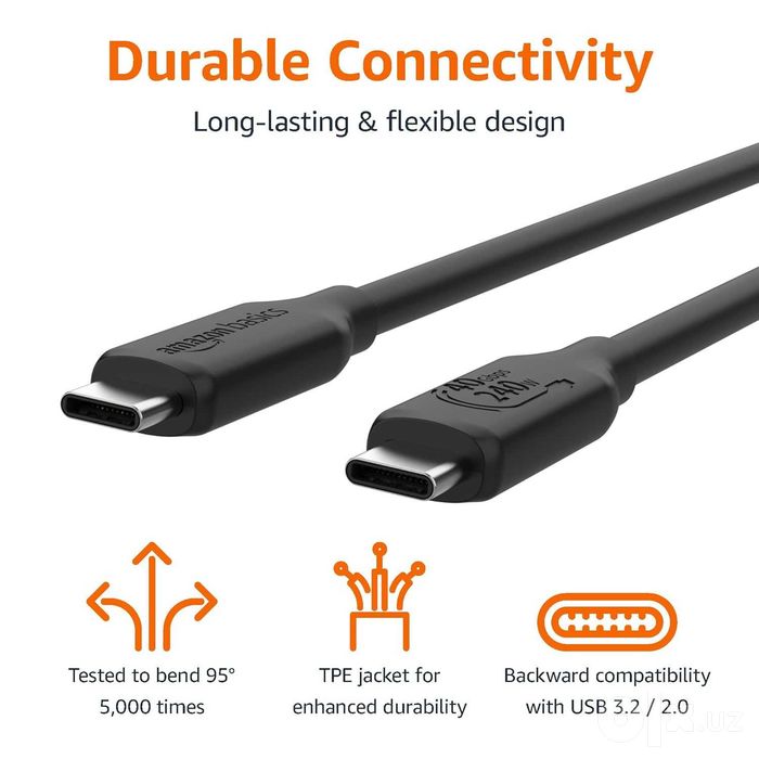 Кабель Amazon Basics USB-C to USB-C 4 Thunderbolt 4 240W 40Gbps 0.9м
