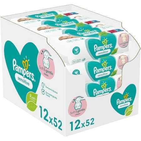 Servetele umede Pampers Sensitive, 12 pachete x 52= 624 buc + CADOU