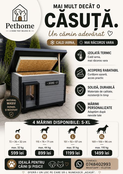 Căsuță premium pentru câini si pisici, IZOLATĂ TERMIC