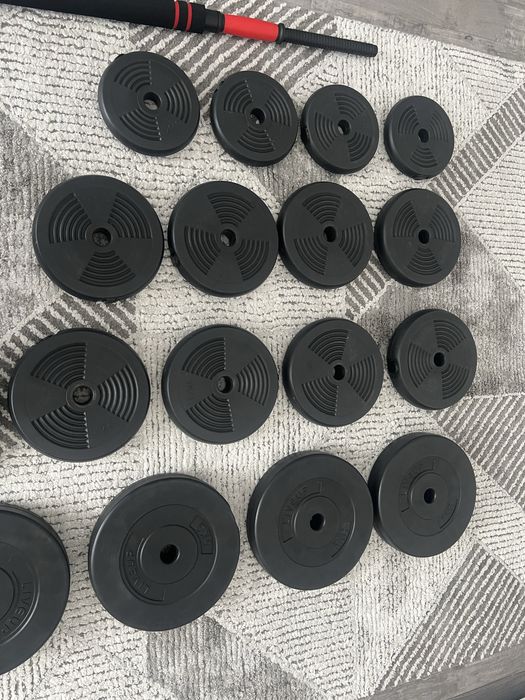 Discuri, gantere, greutati, bara - total 59 kg
