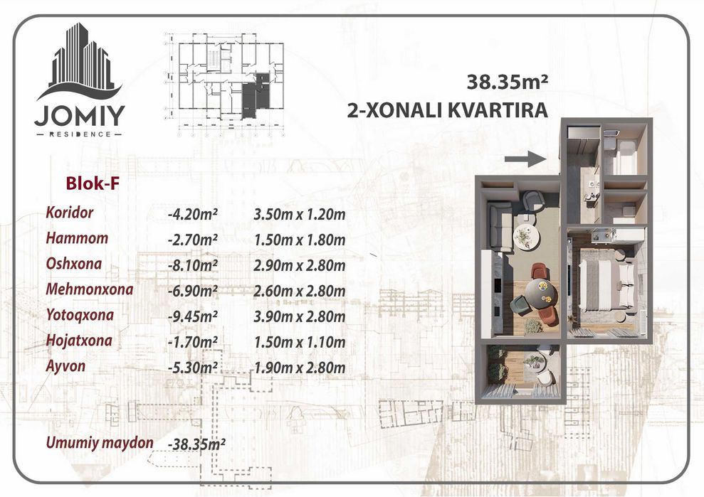 Jomiy Residencedan Comfort + xonadonlar tayyor ta'mirlangan xolatda
