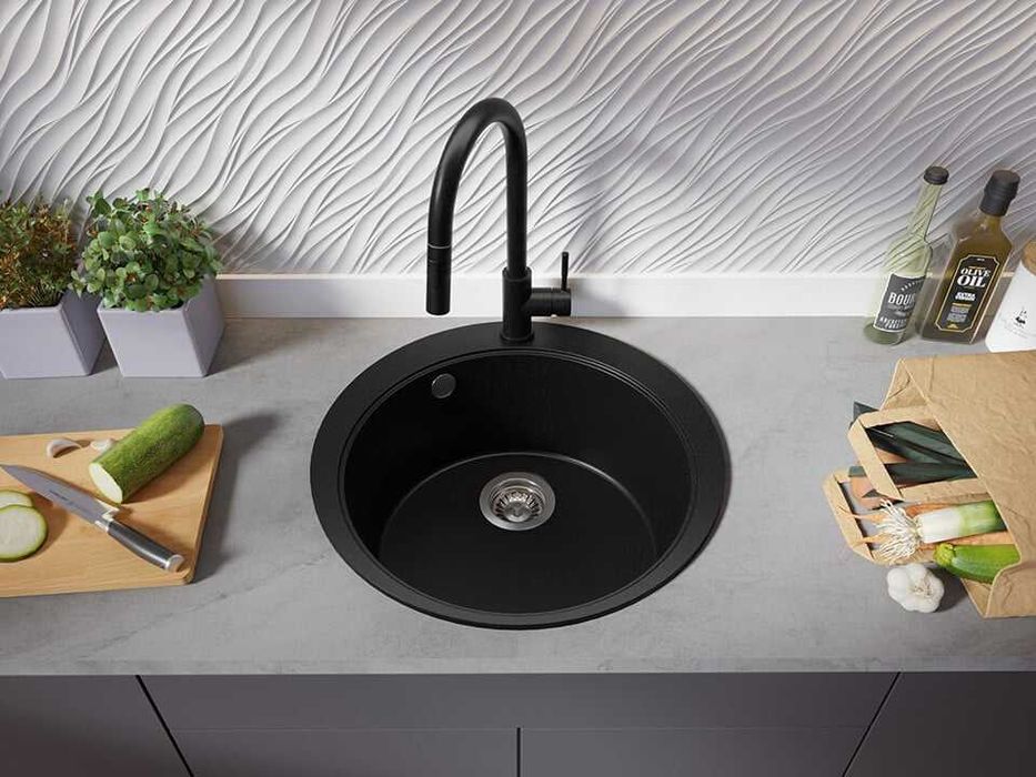 Черна кръгла кухненска гранитна мивка Пиза 50 Top 530 x 530 мм