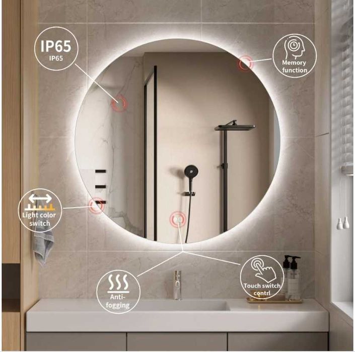 Oglinda LED rotunda 60cm, 1380 lm, 3 culori luminoase