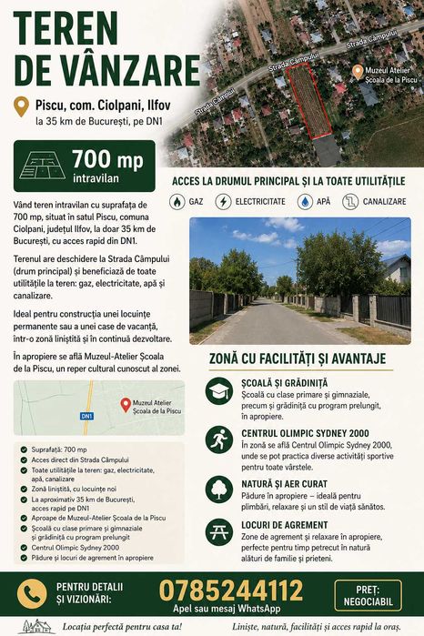 Teren intravilan de vânzare – 700 mp – Piscu, Ciolpani, Ilfov – 35 km de București
