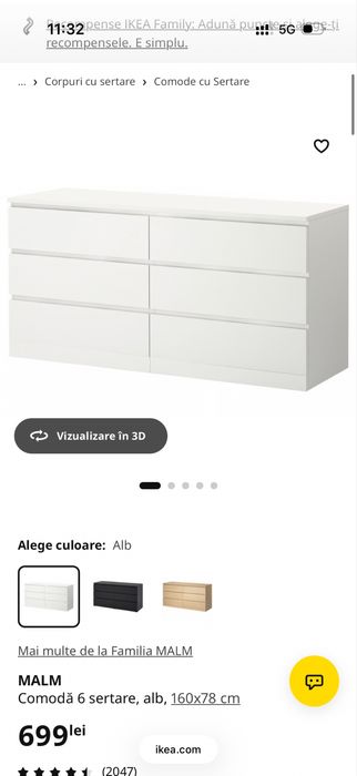 Dulap 6 sertare Ikea alb 160x78 cm