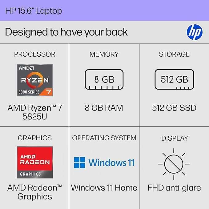 HP 15-fc0502nr Laptop 15.6 FHD AMD Ryzen 7-5825U 8GB DDR4 512GB SSD Wi