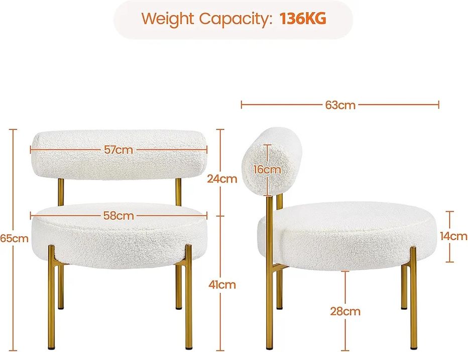 NOU Fotoliu plush, alb, picioare aurii